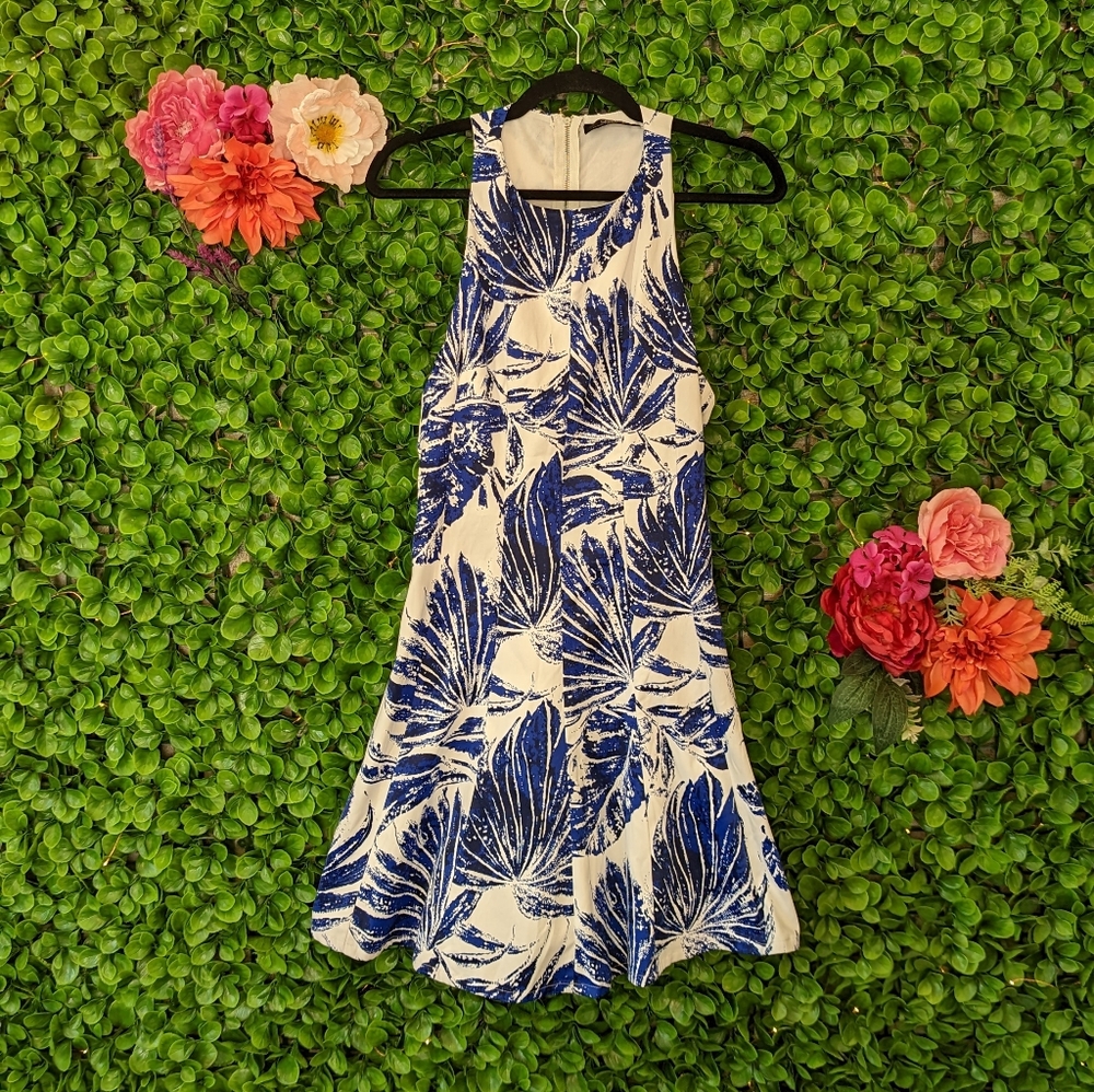 Lulu's white blue floral a-line dress open back M